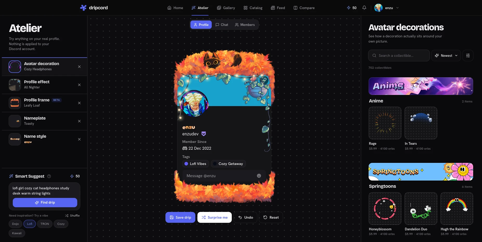 Screenshot of dripcord's workshop: a Discord profile with a whole bunch of decorations.